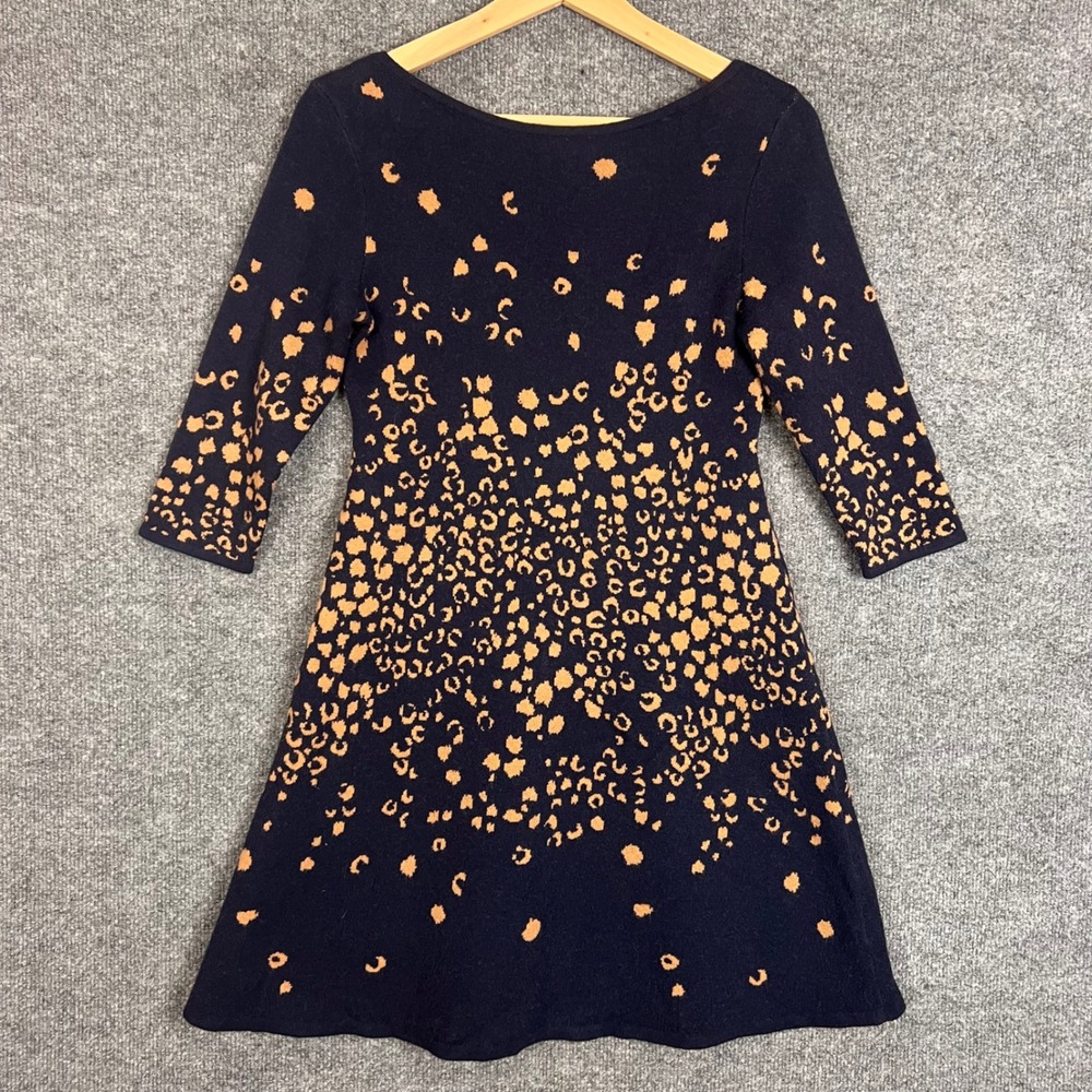 Maeve Anthropologie Sweater Dress Womens XSP Navy Blue Excellent Leopard Print